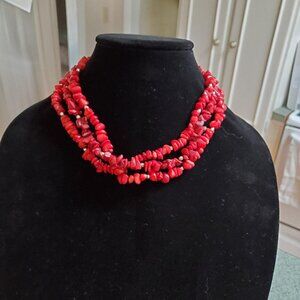 Vintage Red Coral Three Strand Choker Necklace